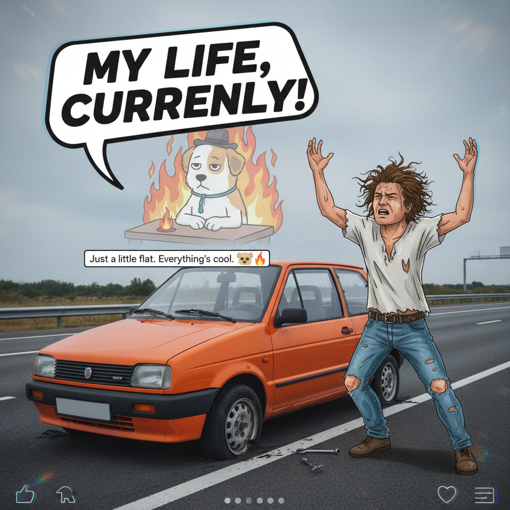 Road trip day 1: flat tire. This is fine. Everything is fine.