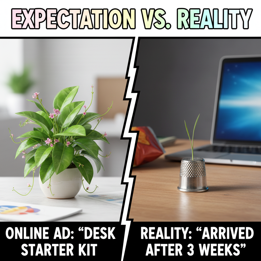 Ordered a 'miniature desk plant', got a single blade of grass in a thimble. 😭 #OnlineShopping