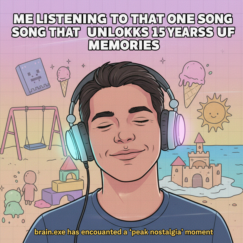 Hearing that one song from 2003 and suddenly I'm 8 again, no bills, just vibes.