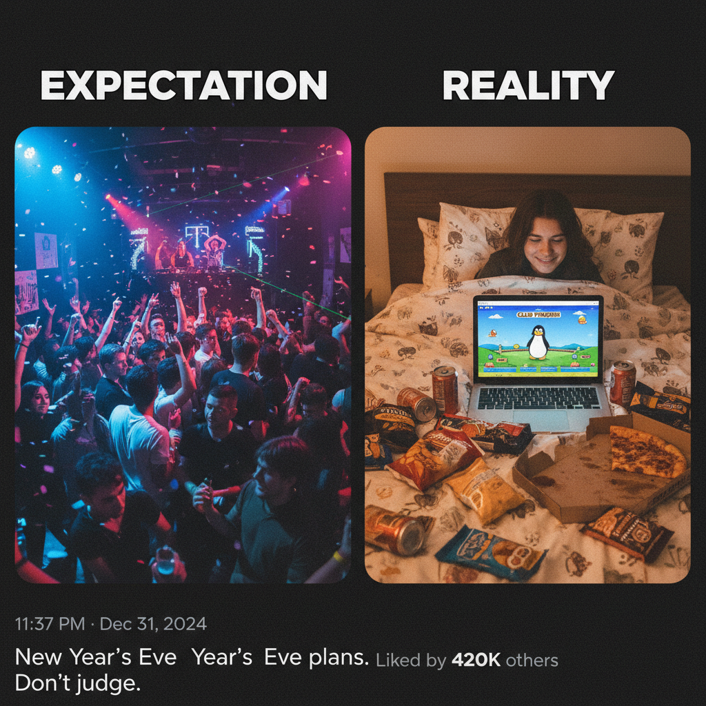 Friday night plans: Club. Friday night reality: Club Penguin, in bed, with snacks.