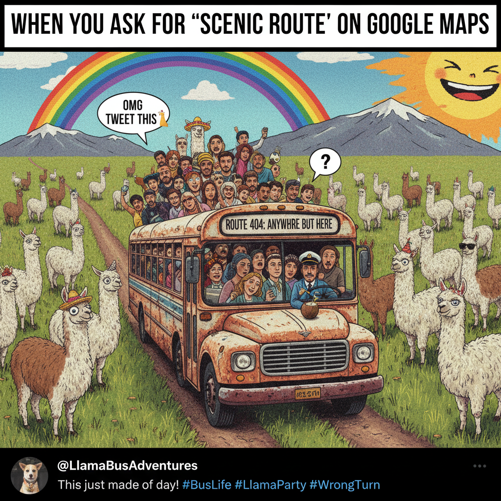 The bus driver just announced we're taking a 'scenic detour.' We're 2 hours late. Send help.