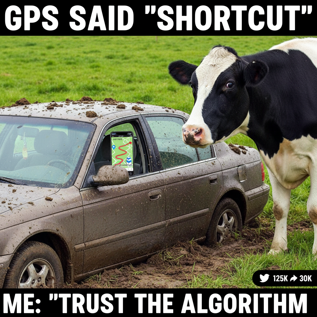 GPS said 'turn left in 500 feet.' We turned left. We are now in a cow pasture. Thanks, GPS.