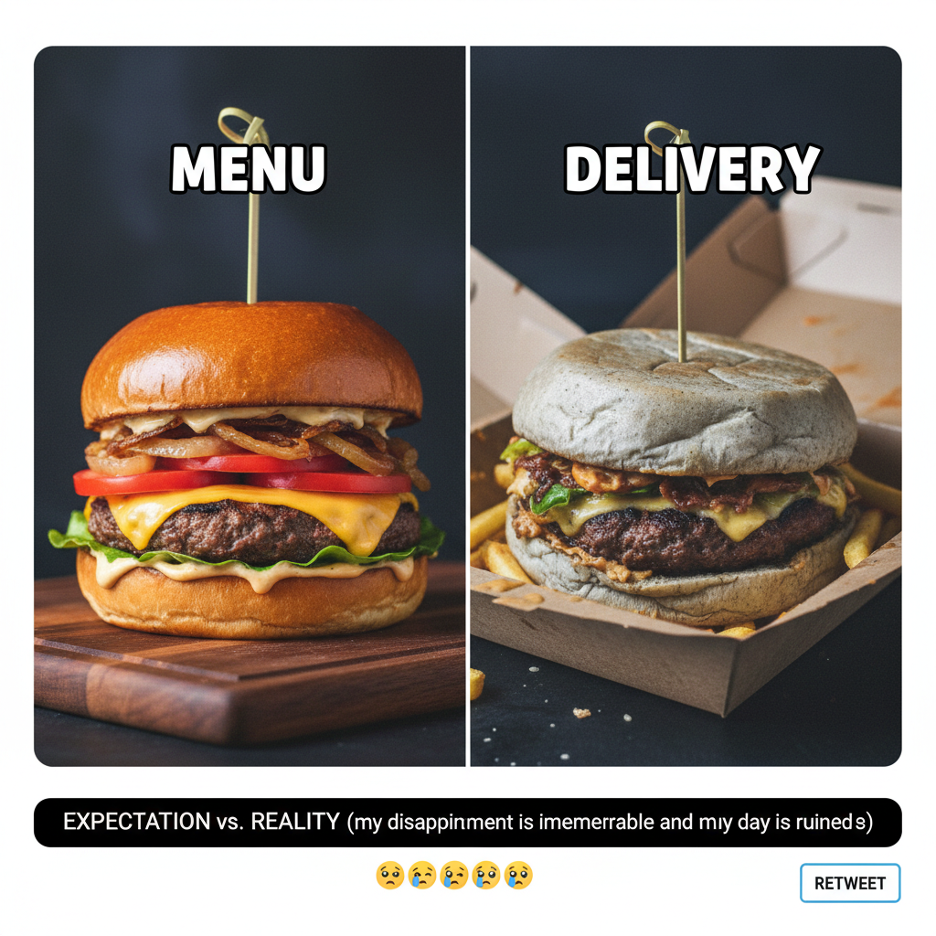 Ordered a gourmet burger. Got something that looks like it lost a fight with a truck. 🍔🤦‍♀️