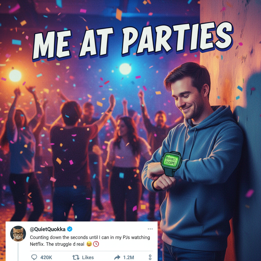 Introvert at a party: 'I've recharged enough. Time to go home and recharge again.'