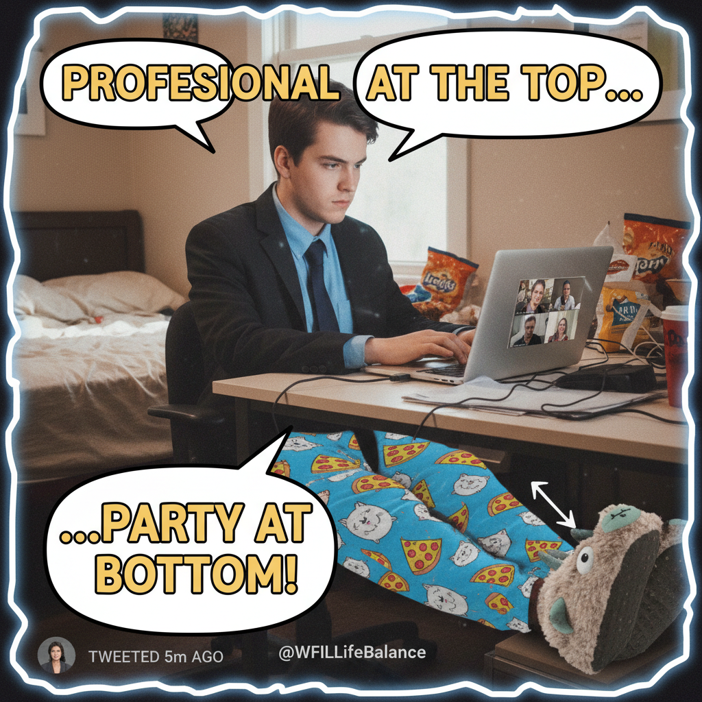 My 'work from home' outfit is a business top and pajama bottoms. The duality of man. 😂