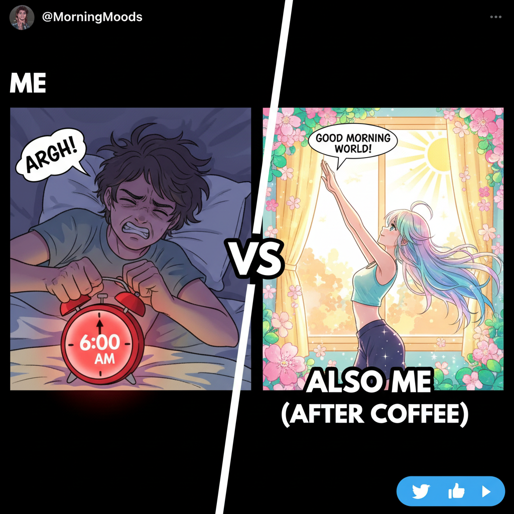 My reaction when my alarm goes off vs. when my favorite anime character wakes up. 😴😠