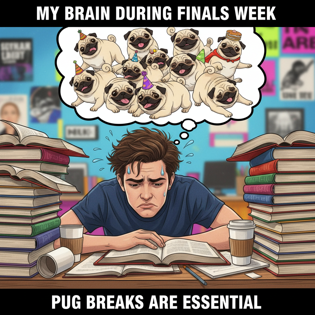 My brain during exams: 'Did you know a group of pugs is called a grumble?' Me: 'NO, FOCUS!'