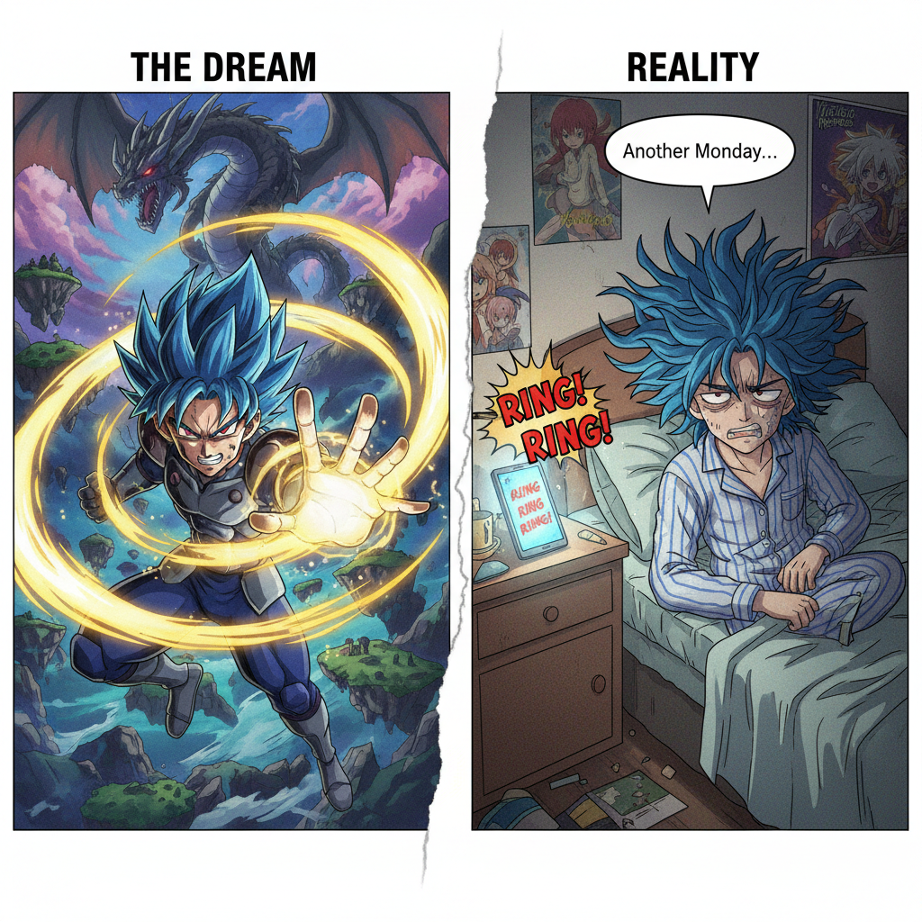 When your alarm goes off but you're still in that epic anime dream fight...