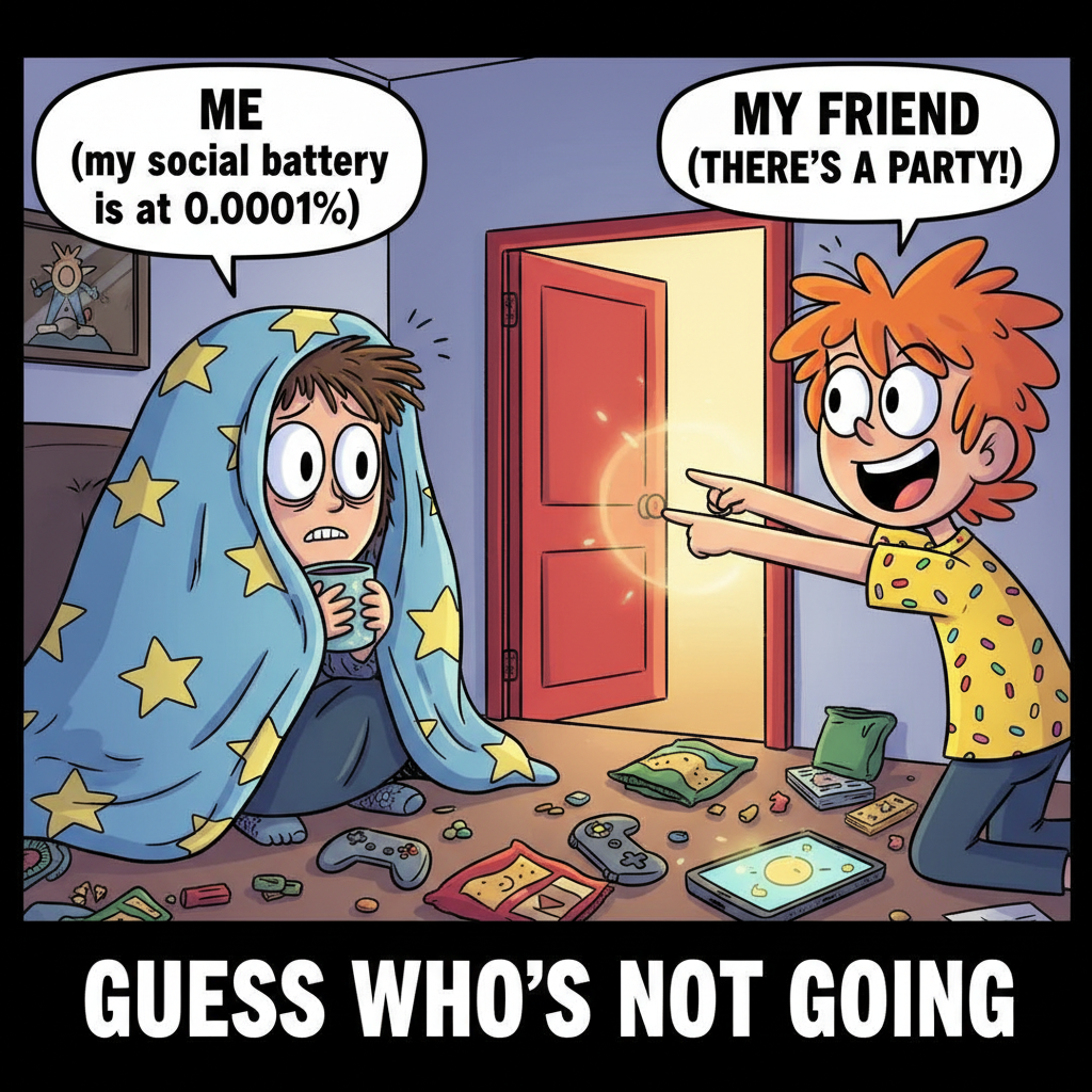 Extrovert: 'Let's go out!' Introvert: *already in pajamas, pretending to be asleep*