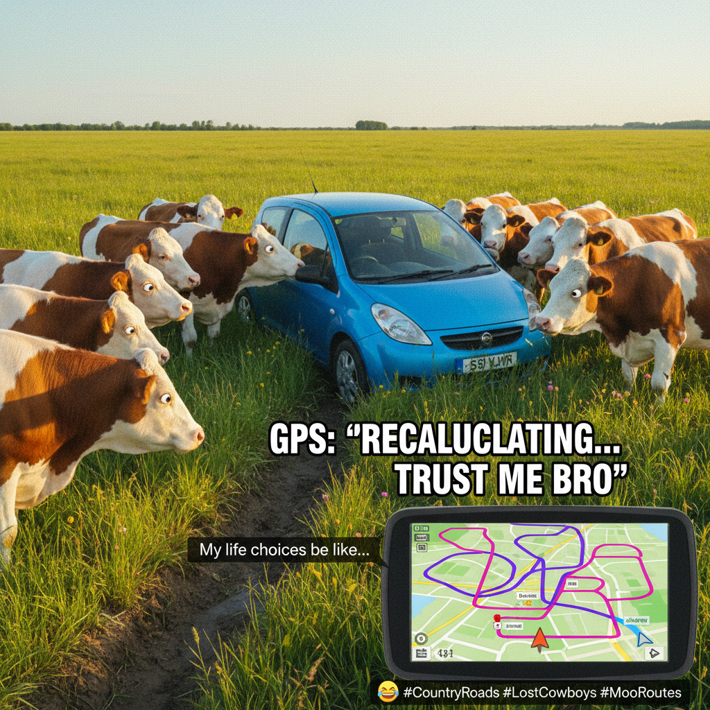 GPS said 'turn left in 500 feet.' We're currently in a cow pasture. Send help. 🐄 #RoadTrip