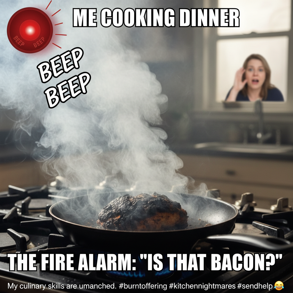 Attempted to make a fancy dinner. Ended up with charcoal and a fire alarm concert. 🎶🔥