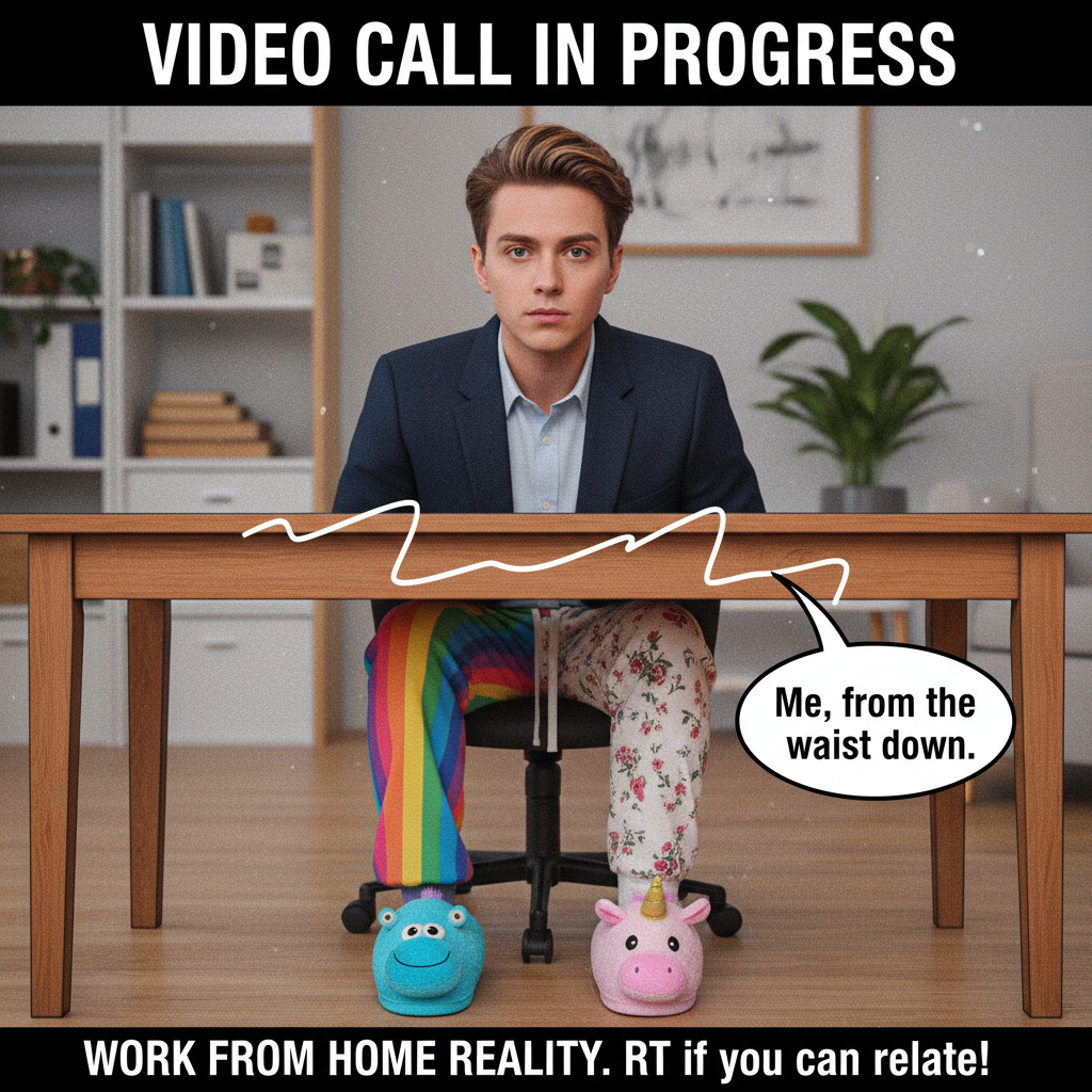 My WFH setup: professional on top, sweatpants party on the bottom. The secret's out. 🤫