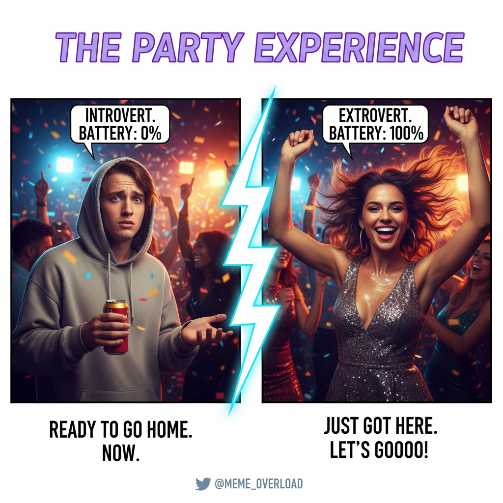 Introvert at a party: 'I've recharged enough, time to go home.' Extrovert: 'Party just started!'