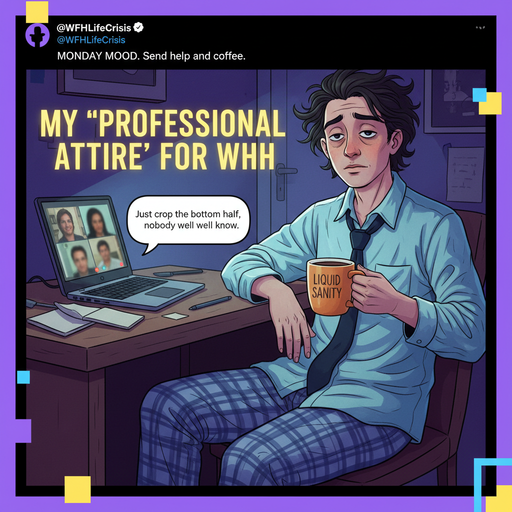 My WFH uniform is 50% pajamas, 50% existential dread. Productivity 0%.