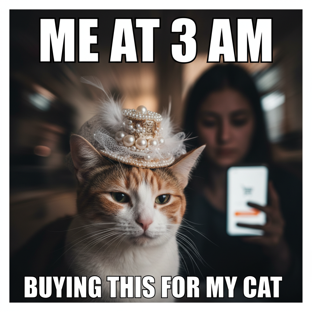 Me: 'I need to save money.' Also me: *buys a tiny hat for my cat at 3 AM*.