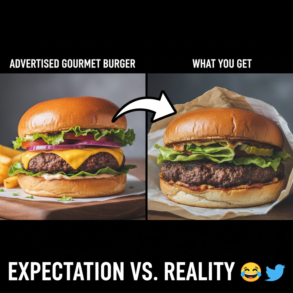 Ordered a gourmet burger, got a sad patty on a soggy bun. My disappointment is immeasurable.