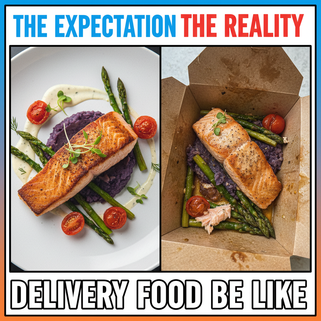 Ordered gourmet, got a sad squashed sandwich. Food delivery expectations vs reality is a whole genre.