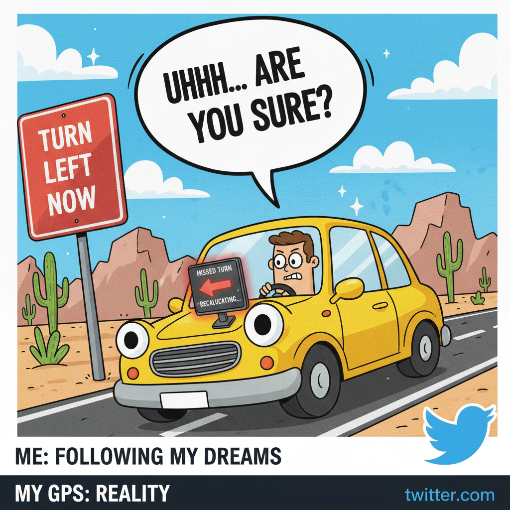 GPS: 'In 500 feet, turn left.' Me: *already missed the turn 200 feet ago*