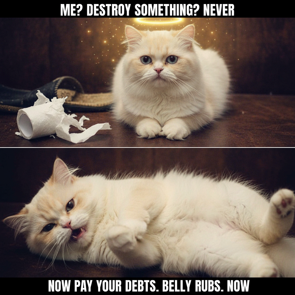 My pet's daily routine: eat, sleep, destroy, demand cuddles. 🐾