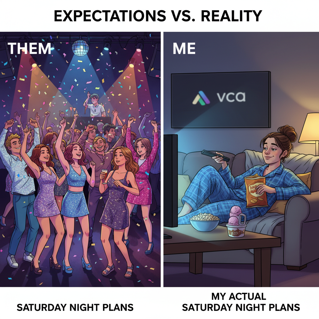 Friday night plans: 'Party!' Friday night reality: 'PJs and Netflix.' 😴