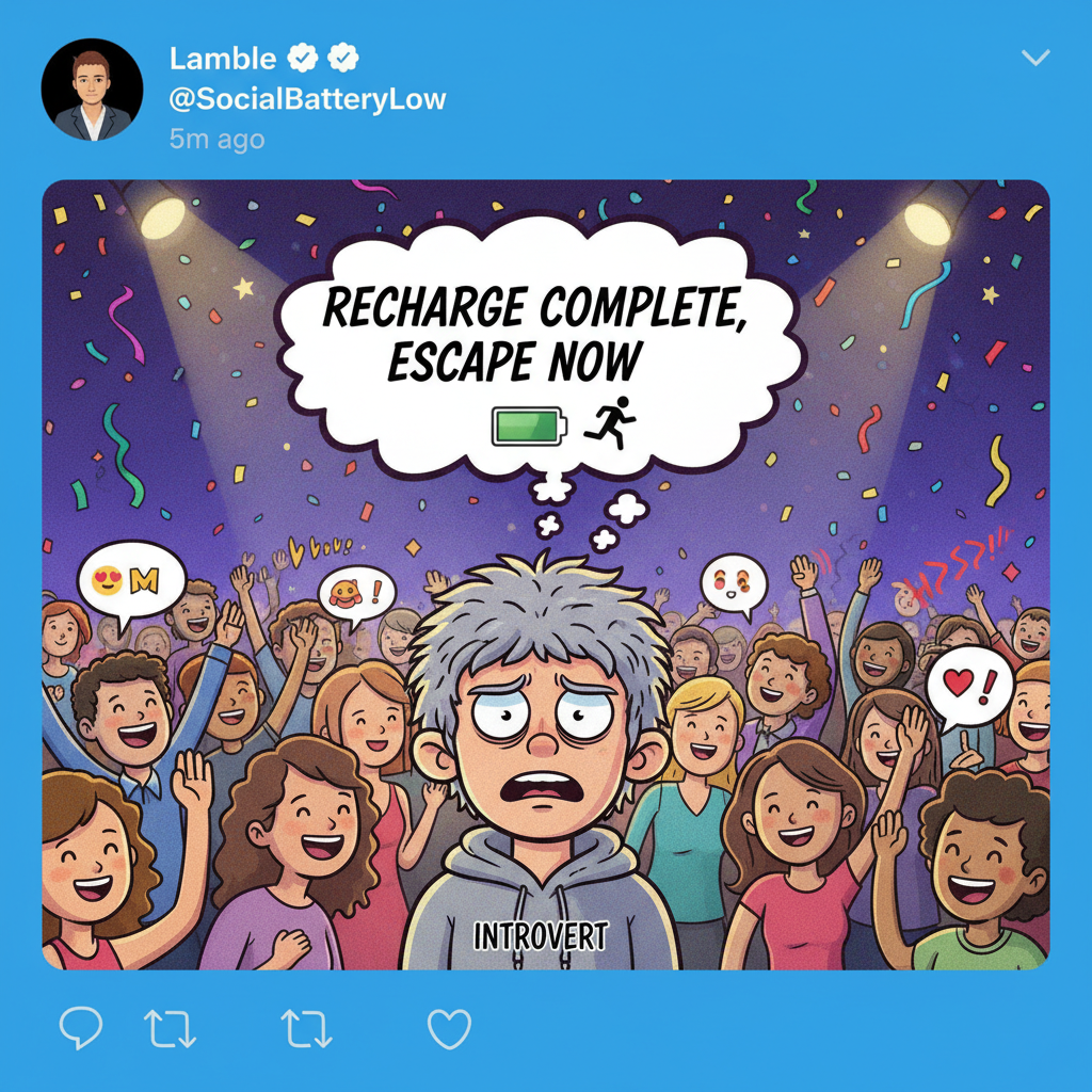 Introvert at a party: 'I've recharged enough. Time to go home and stare at a wall.'