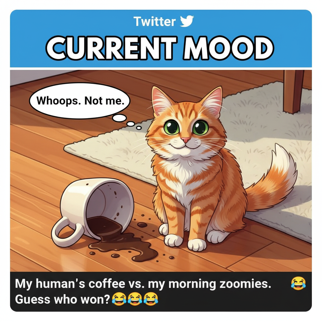 My cat just knocked my coffee over, then stared at me like *I* was the problem.