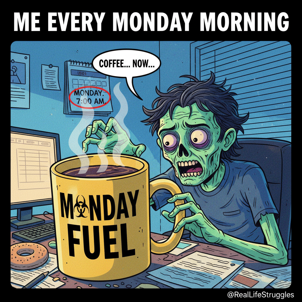 Monday morning: My brain is still in weekend mode, but my body is at work. Send coffee.