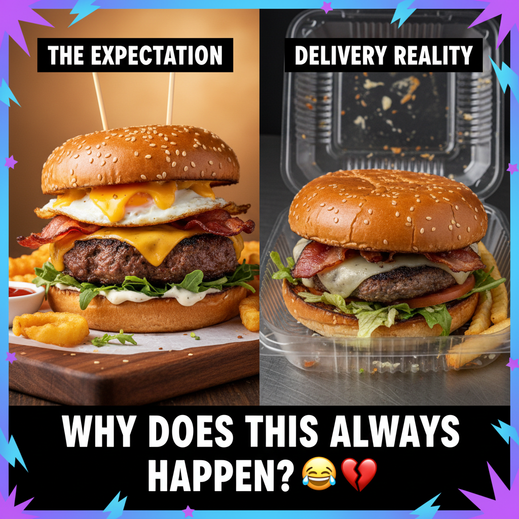 Ordered a gourmet burger. Got a sad patty between two pieces of cardboard. Thanks, delivery.