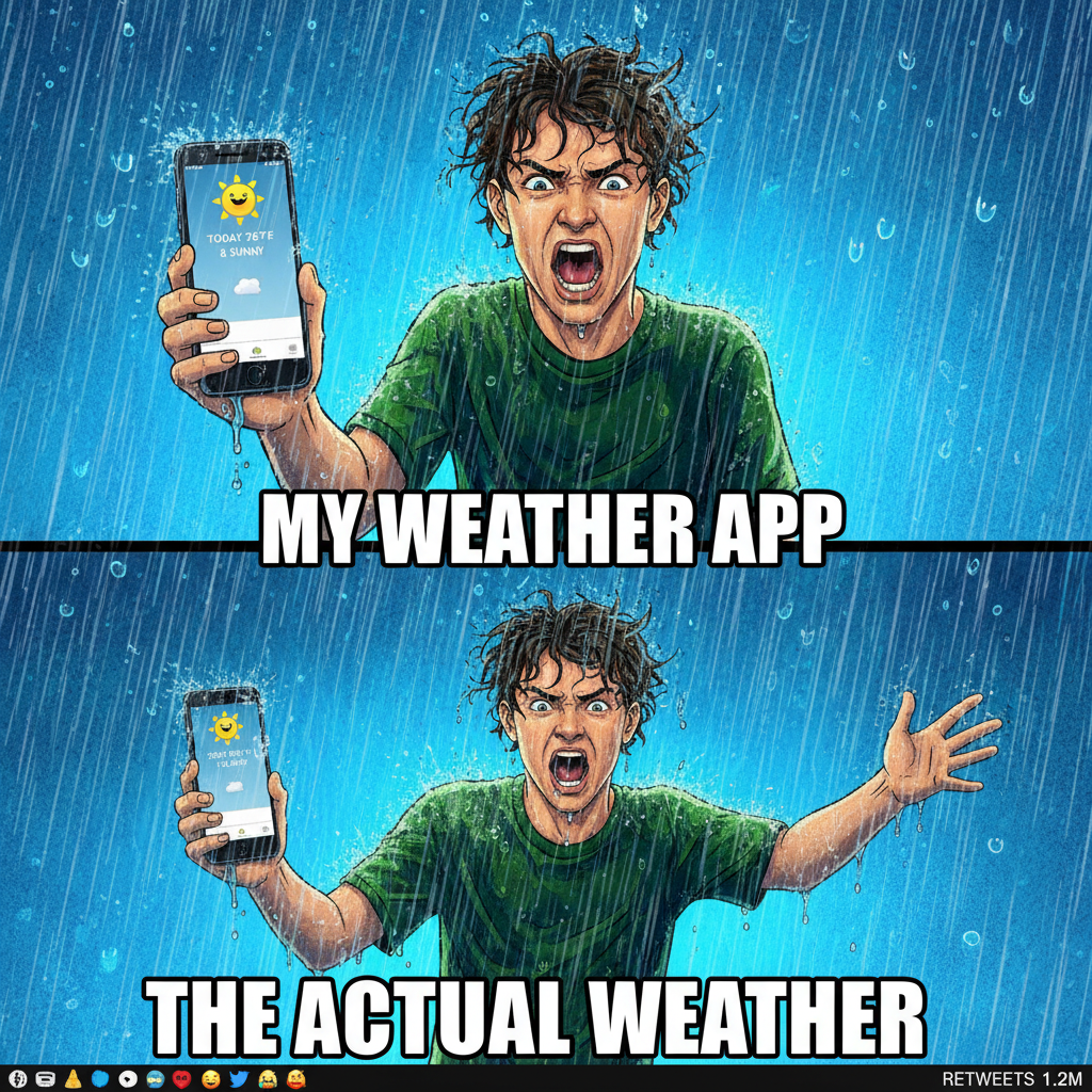 My weather app said 'partly cloudy' but it's raining sideways. Lies!