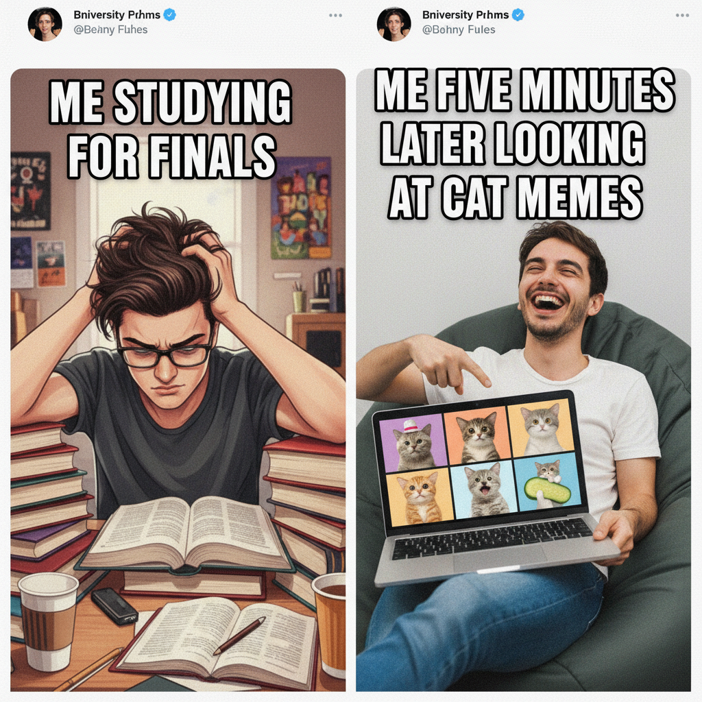 Me trying to study for exams vs. me watching a 10-hour YouTube compilation of cats.