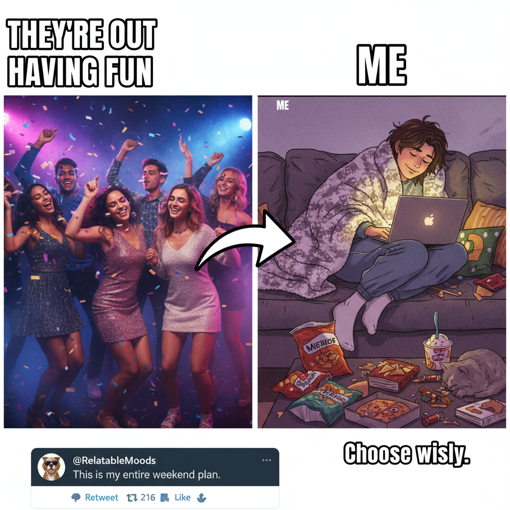 Friday night plans: clubbing. Friday night reality: debating if I should get up for more snacks.