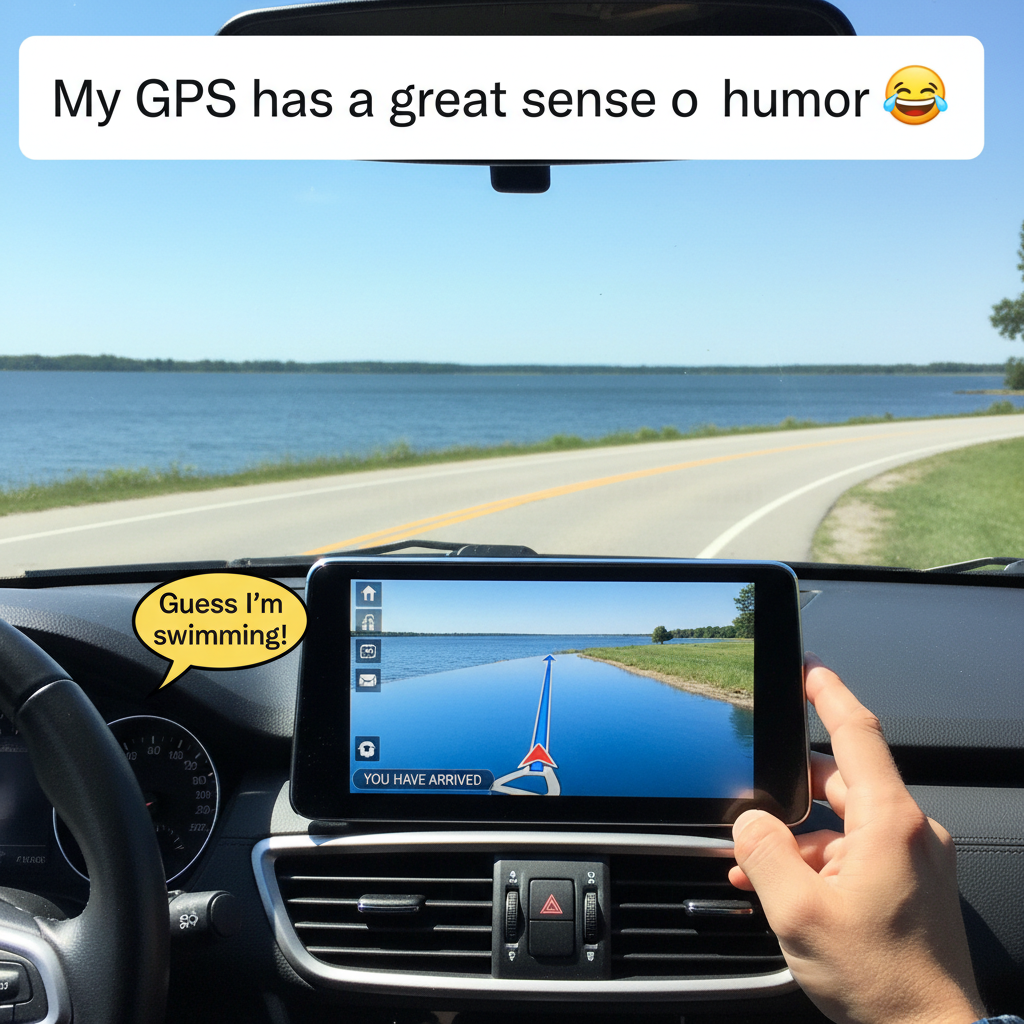 GPS said 'turn left in 500 feet.' I'm pretty sure we're driving into a lake.