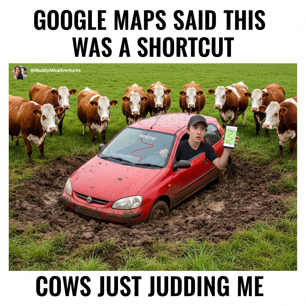 GPS said 'turn left in 500 feet.' We're now in a cow pasture. Send help.