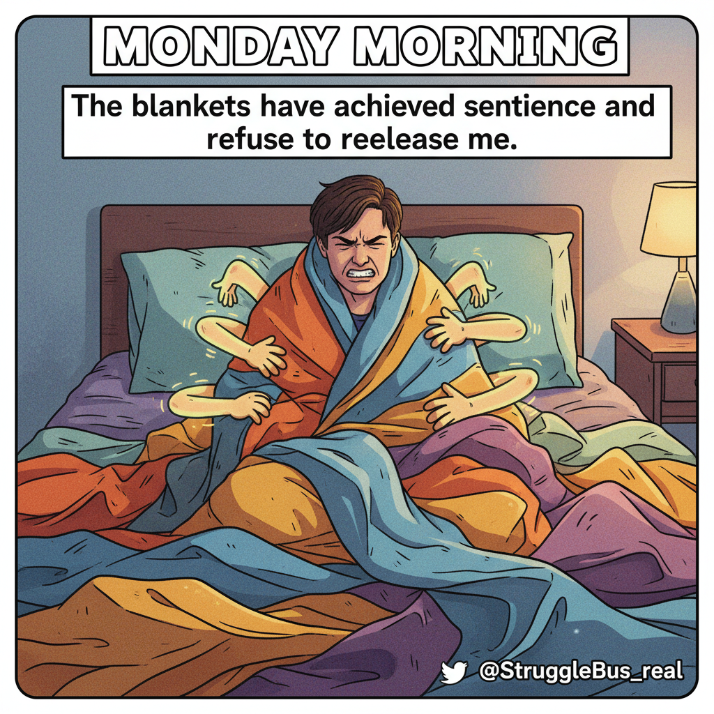 My bed is a professional kidnapper. It never wants to let me go on Mondays.