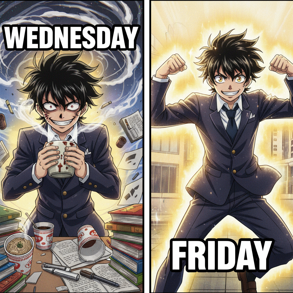 My brain cells on Wednesday vs. Friday. We're almost there, senpai!