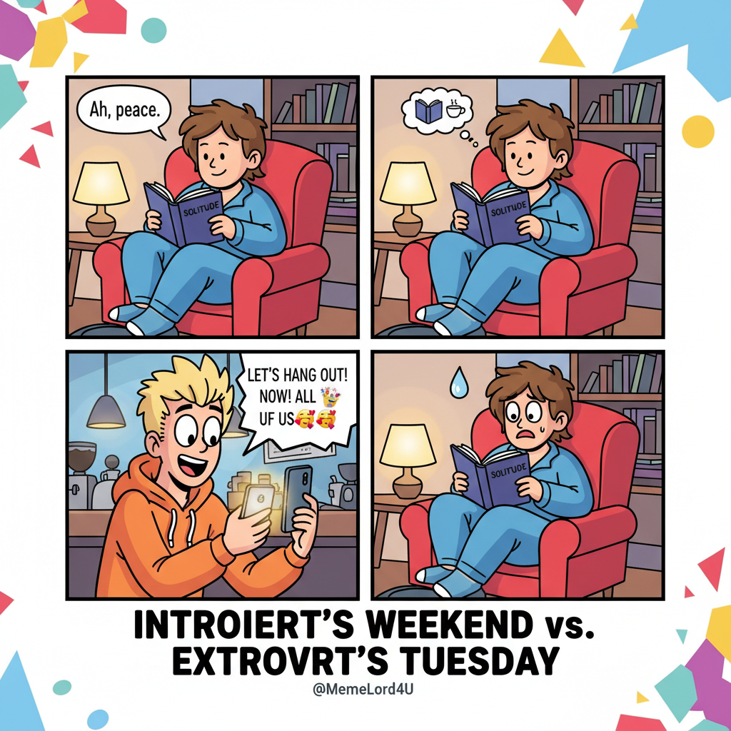 Introvert: 'I'm busy.' Extrovert: 'Let's make plans!' The eternal struggle.