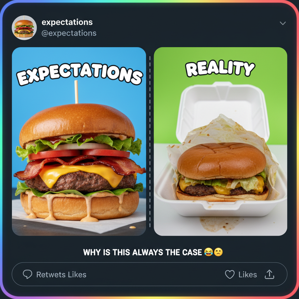 Ordered a gourmet burger, got a sad patty. My expectations were high, my dinner is not.