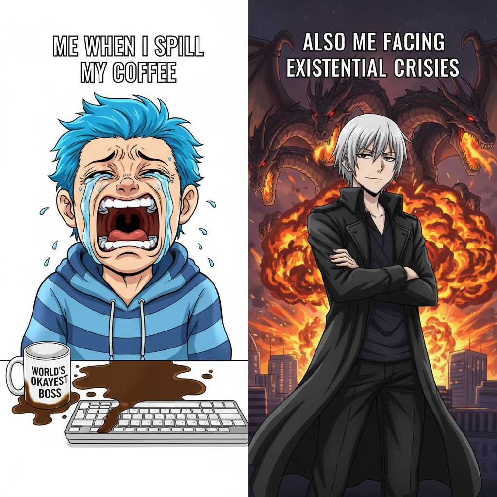 Me reacting to a minor inconvenience vs. an anime character reacting to the end of the world.