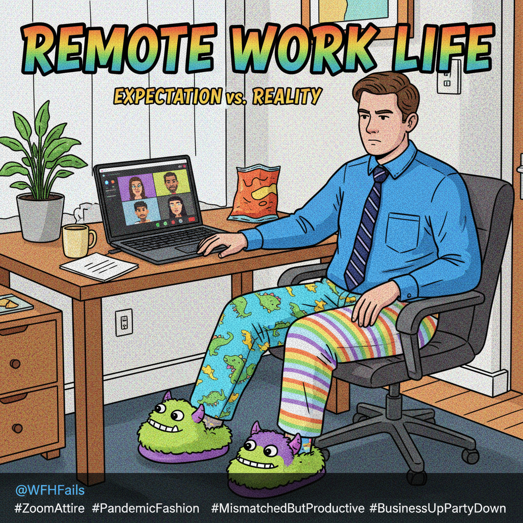 My WFH uniform: Business on top, pajama pants and existential dread on the bottom.