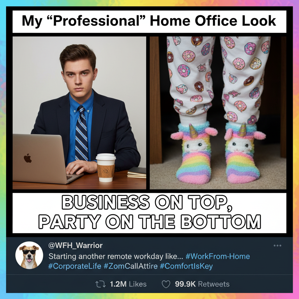 My WFH uniform: business on top, pajama pants and fuzzy socks on bottom. Peak performance.