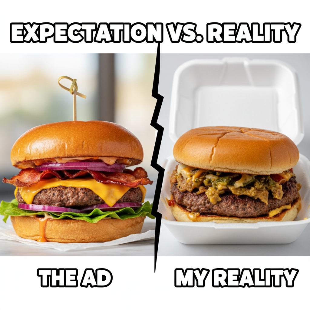 Food delivery expectations vs. reality. My 'gourmet burger' looks like it lost a fight.