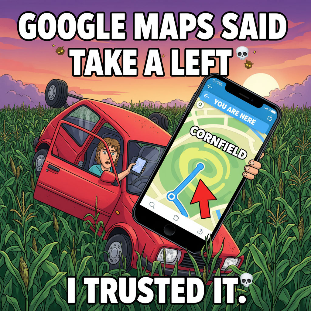 GPS: 'In 200 feet, turn right.' Me: *turns left into a cornfield*