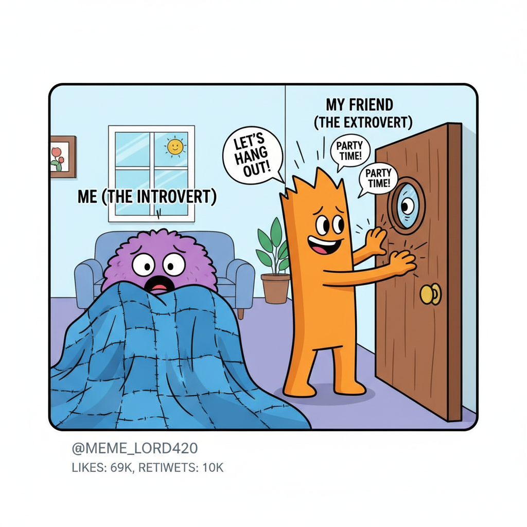 Extroverts: 'Let's hang out!' Introverts: *pretends to be asleep*