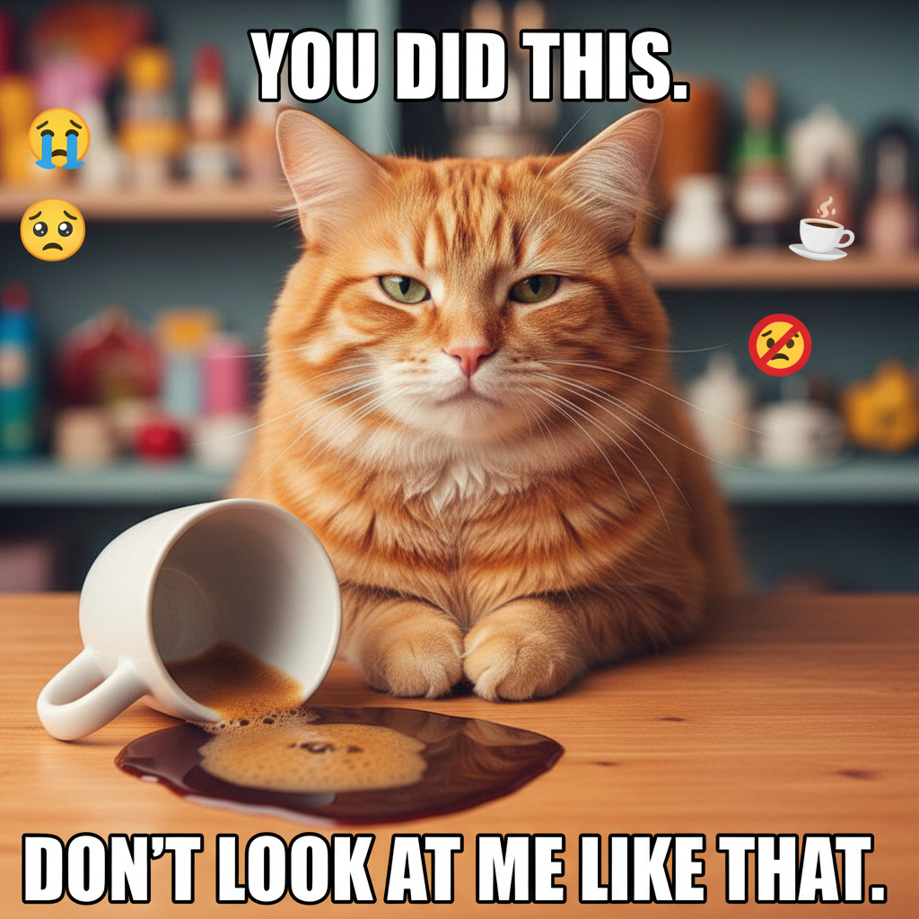My cat just knocked my coffee over, then looked at me like *I* was the problem.