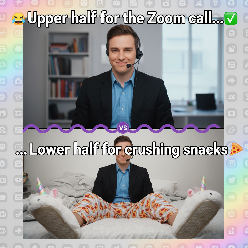 My WFH uniform is 50% professional top, 50% pajama bottoms. The duality of man.