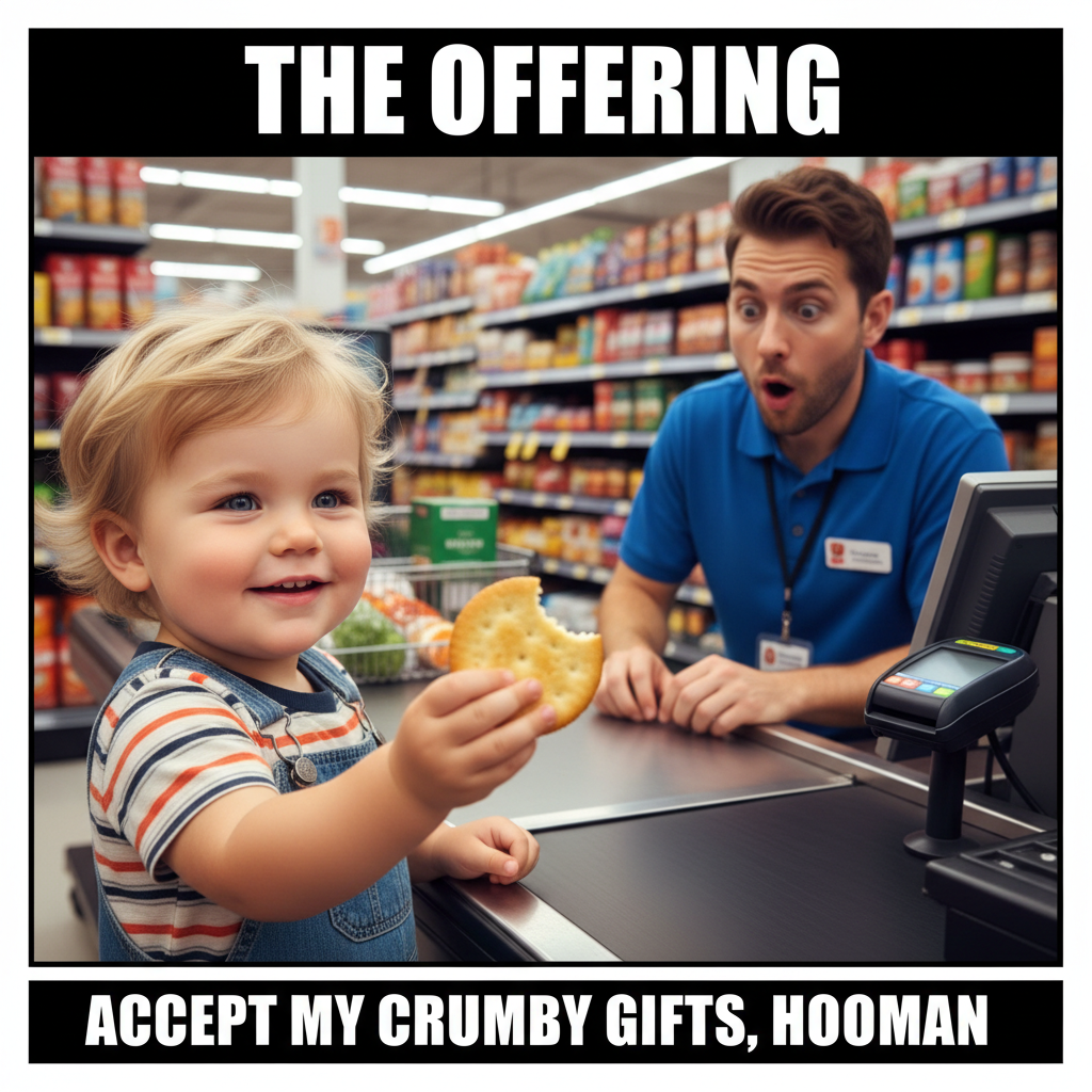 My toddler just tried to pay for groceries with a half-eaten cracker. Peak parenting.