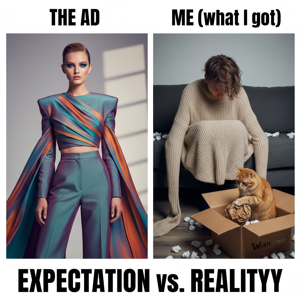 Ordered a 'chic' top online, got a potato sack. My bank account is crying, but my cat loves the box.