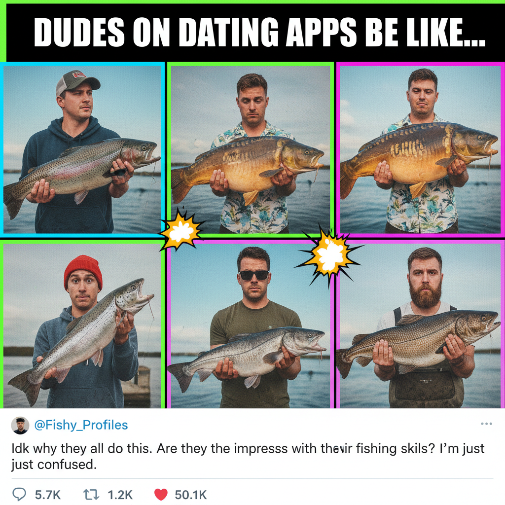 Dating apps are just a highlight reel of why I'm single. Also, why is everyone holding a fish?