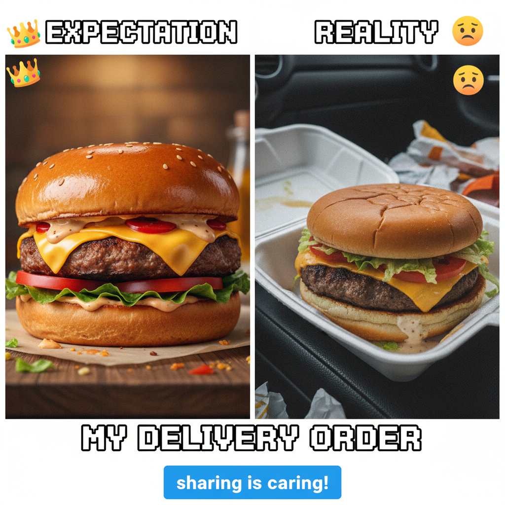 Ordered a gourmet burger, got two sad patties and a single pickle slice. My disappointment is immeasurable.