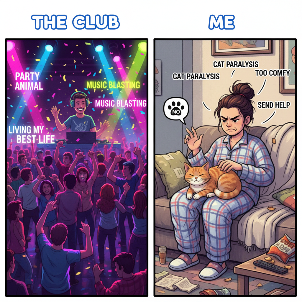 Friday night plans: clubbing. Friday night reality: arguing with my cat about bedtime.